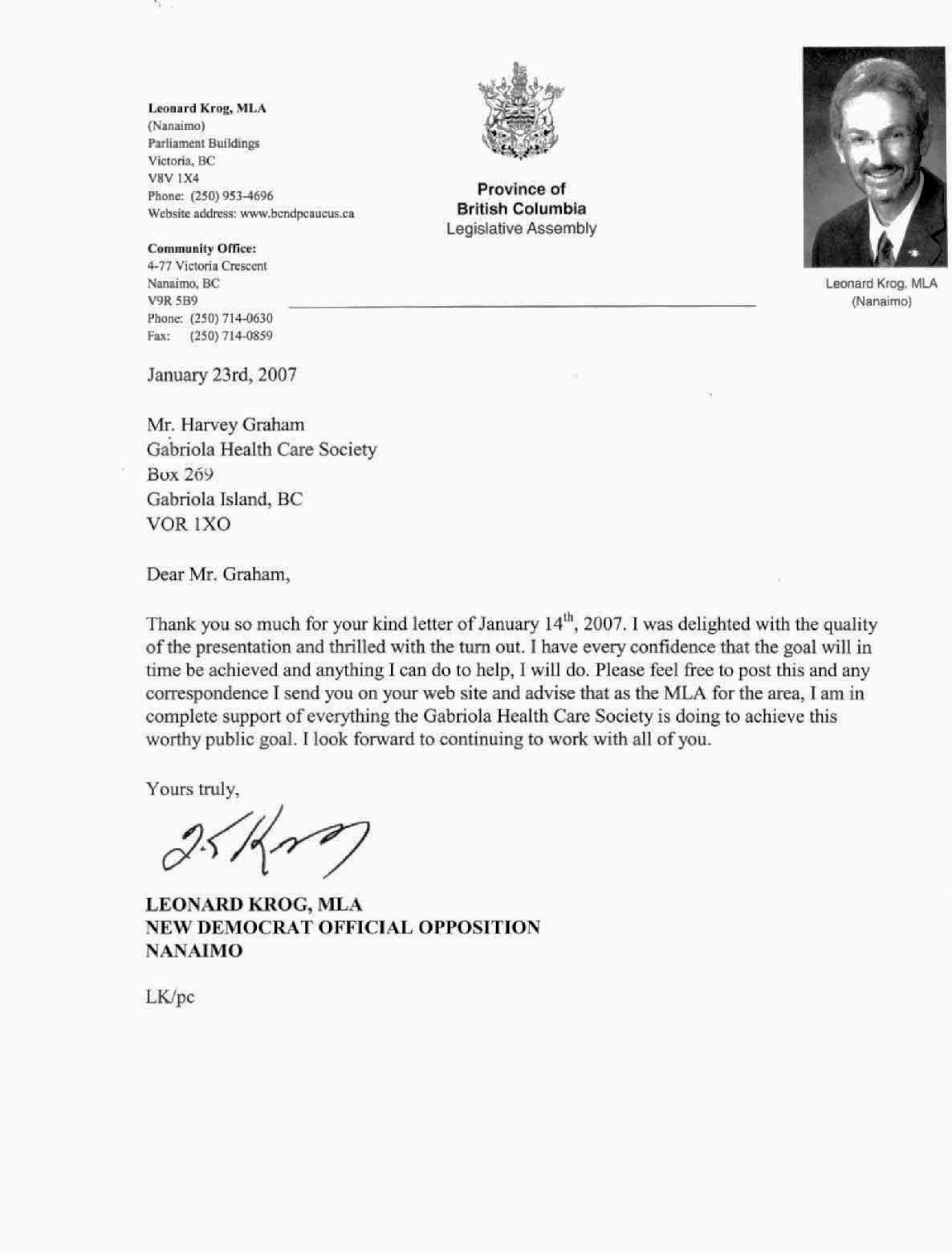 Letter of support from Leonard Krog, MLA